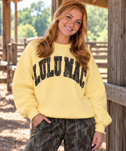 Lulu Mac Mossy Oak Bottomland Camo Embroidered Appliqué Sweatshirt | Youth & Adult