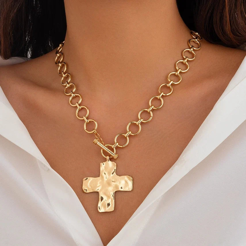 Hammered Cross Toggle Necklace - Gold & Silver