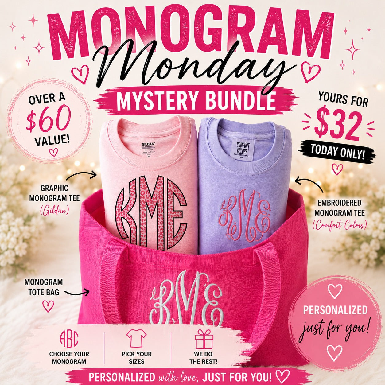 Monogram Monday Mystery Bundle β 2 Personalized Tees & Monogram Tote