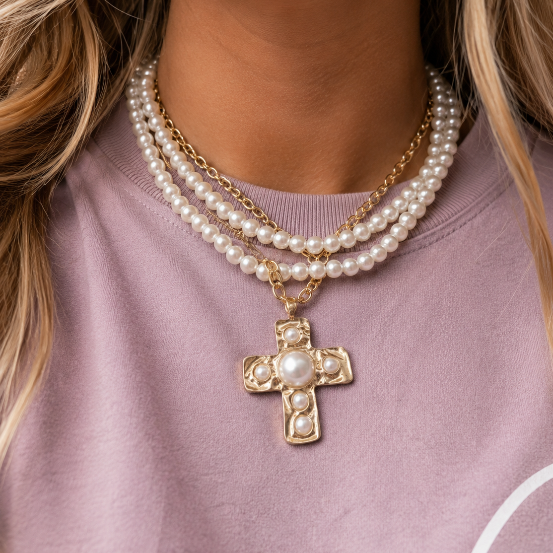 Notable Hammered Cross Multi-Wrap Pearl Necklace