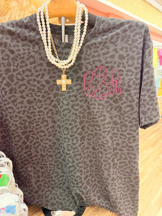Black Leopard Monogram Tee | Personalized Embroidered
