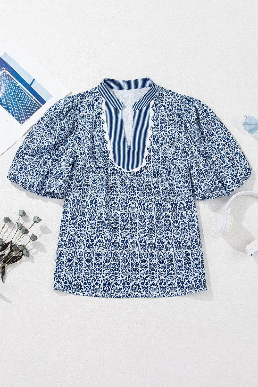 Blue Belle floral print puff sleeve blouse with ric rac trim