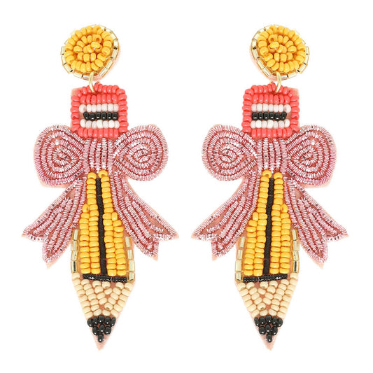 Pencil with Pink Bow Seed Beaded Post Dangle Earrings