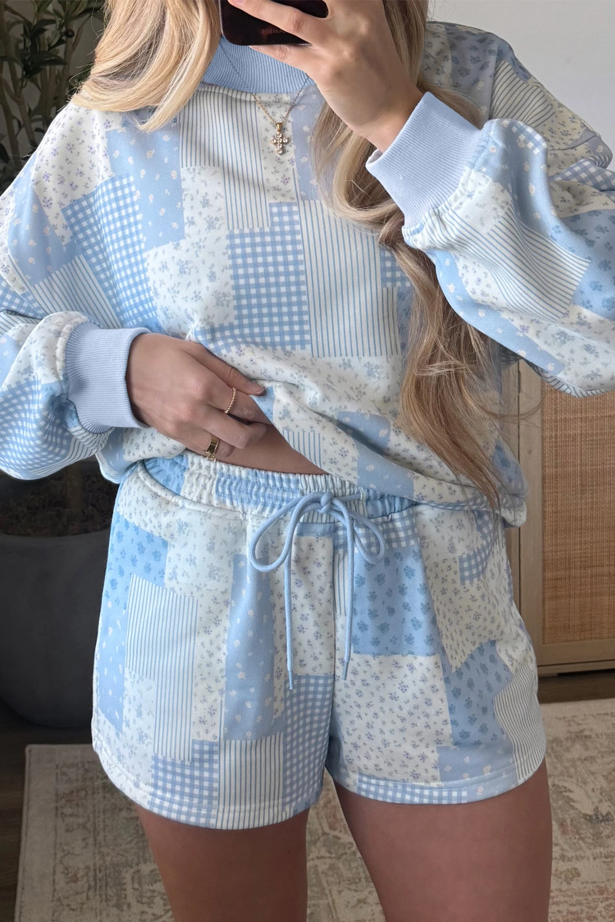 Blue Belle Patchwork Sweatshirt & Shorts Set