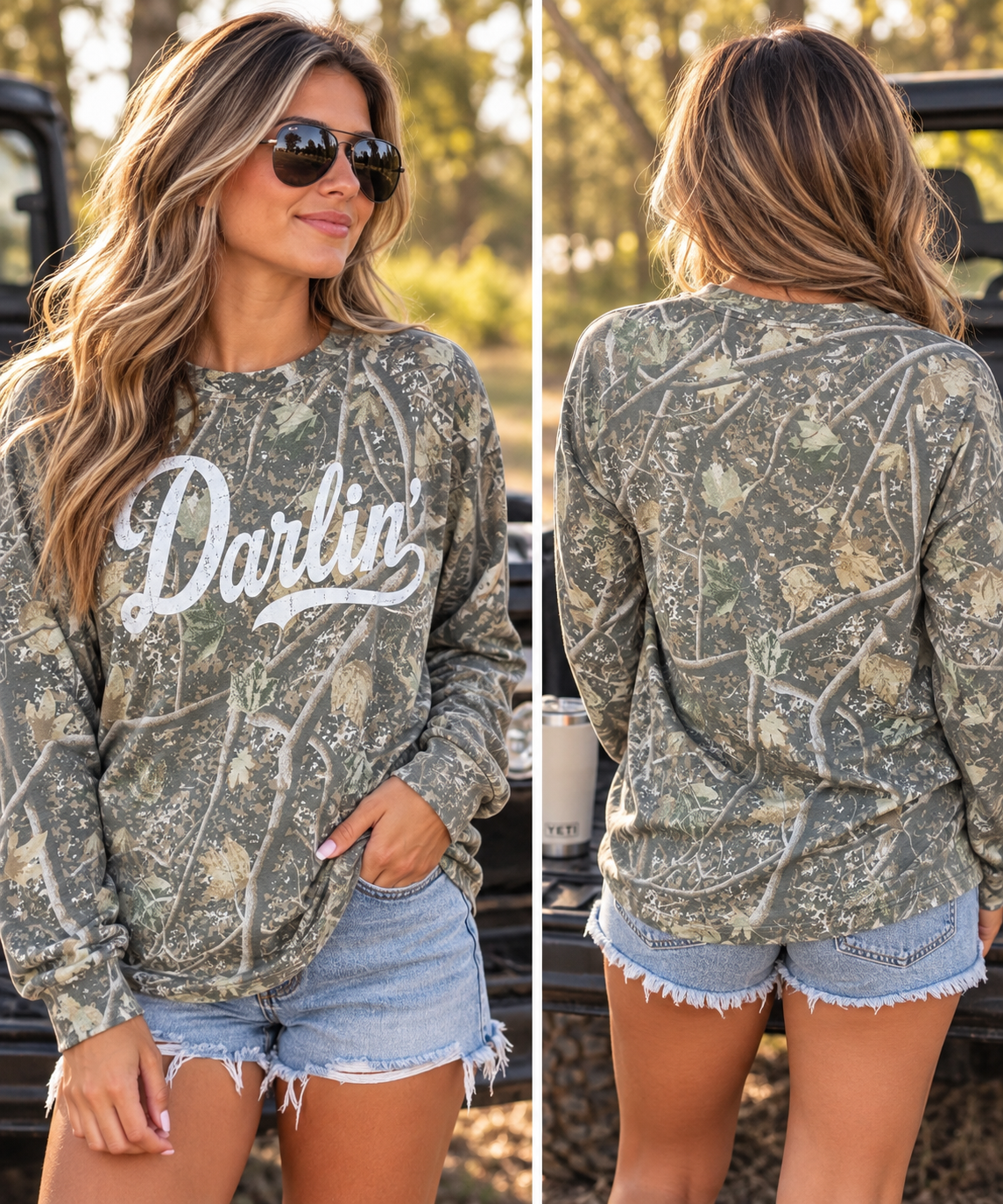 Darlin’ Camo Long Sleeve Tee | Women’s Vintage Distressed Camo Shirt