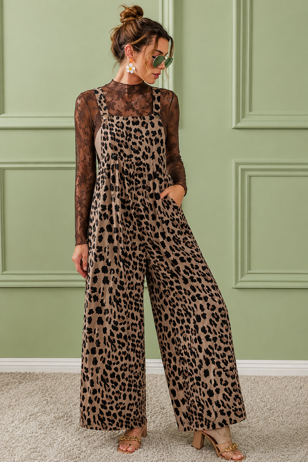 Leopard Print Wide Leg Overalls