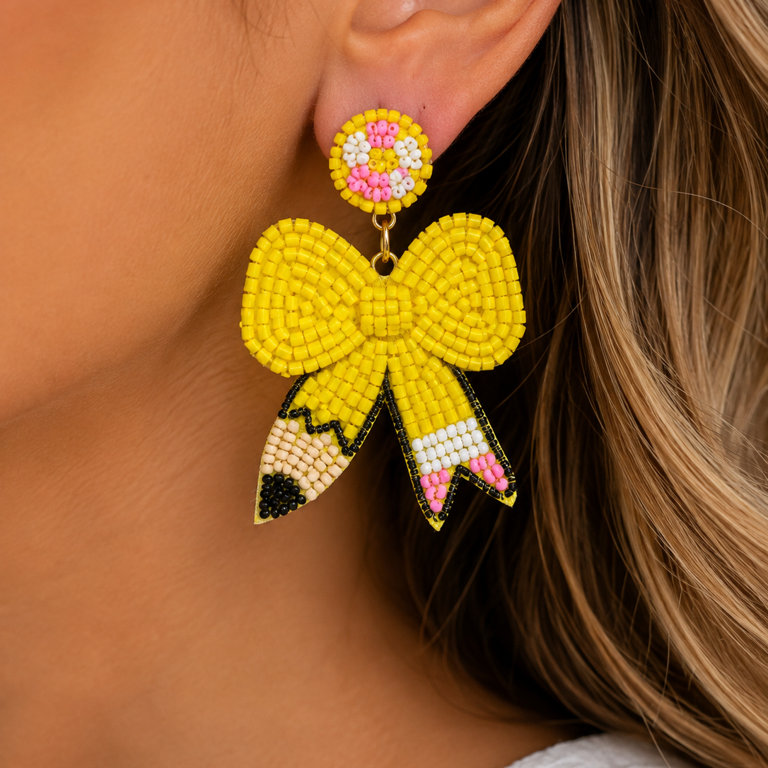 Yellow Beaded Pencil Bow Teacher Earrings | Handmade School Statement Earrings
