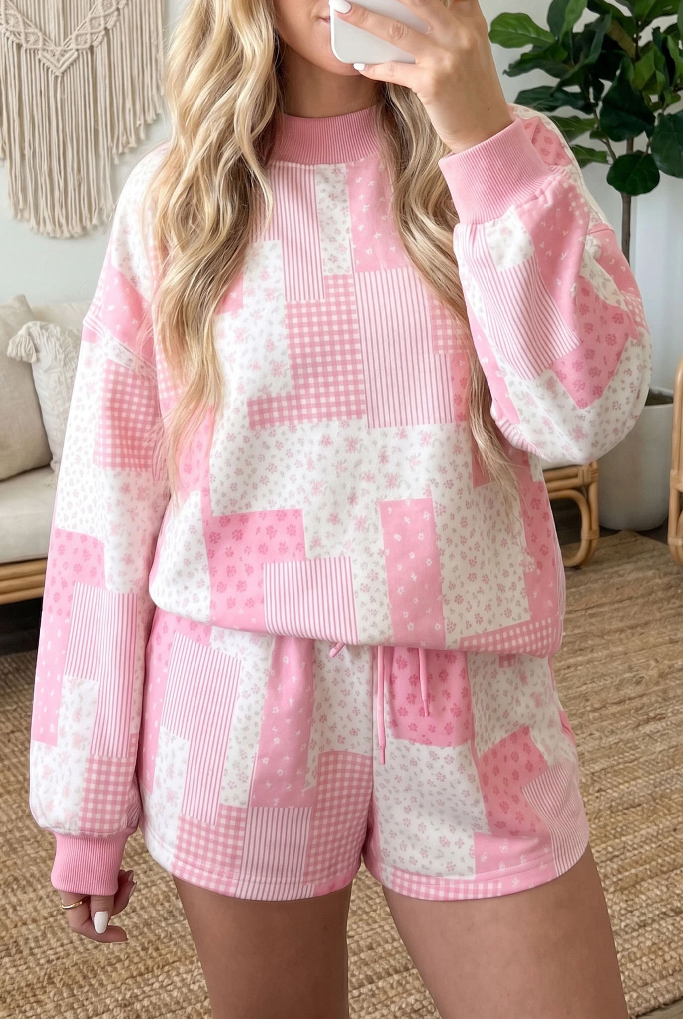 Blushing in Patchwork Pink Floral Sweatshirt & Shorts Set