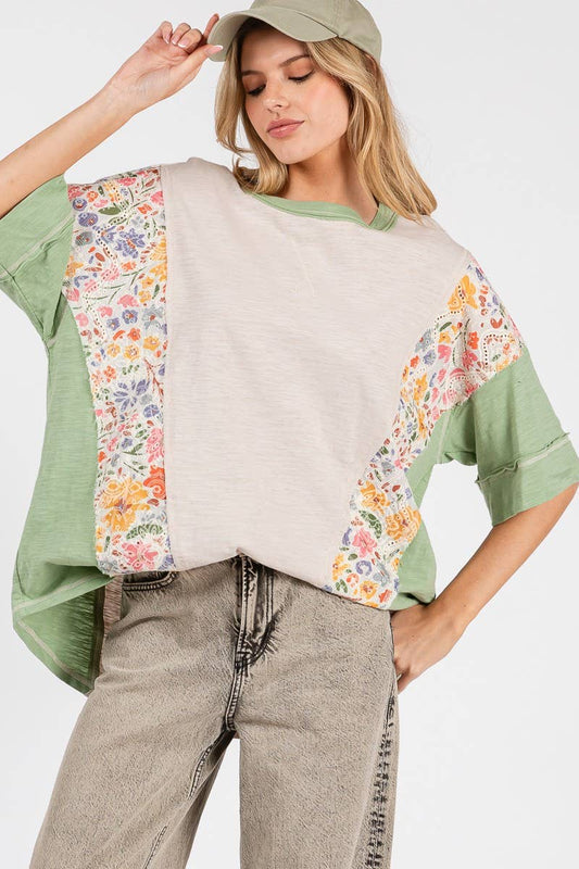 WASHED FLORAL PATCHWORK OVERSIZED CONTRAST TEE