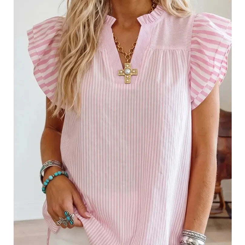 Pink Stripe Contrast Trim V-Neck Flutter Sleeve Blouse