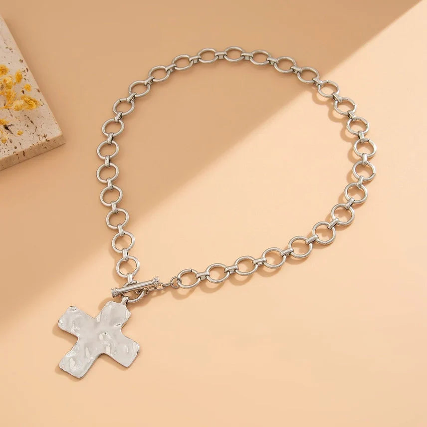 Hammered Cross Toggle Necklace - Gold & Silver