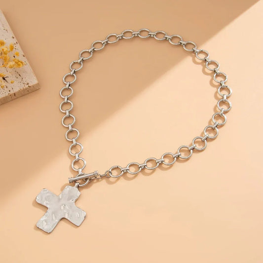 Hammered Cross Toggle Necklace - Gold & Silver