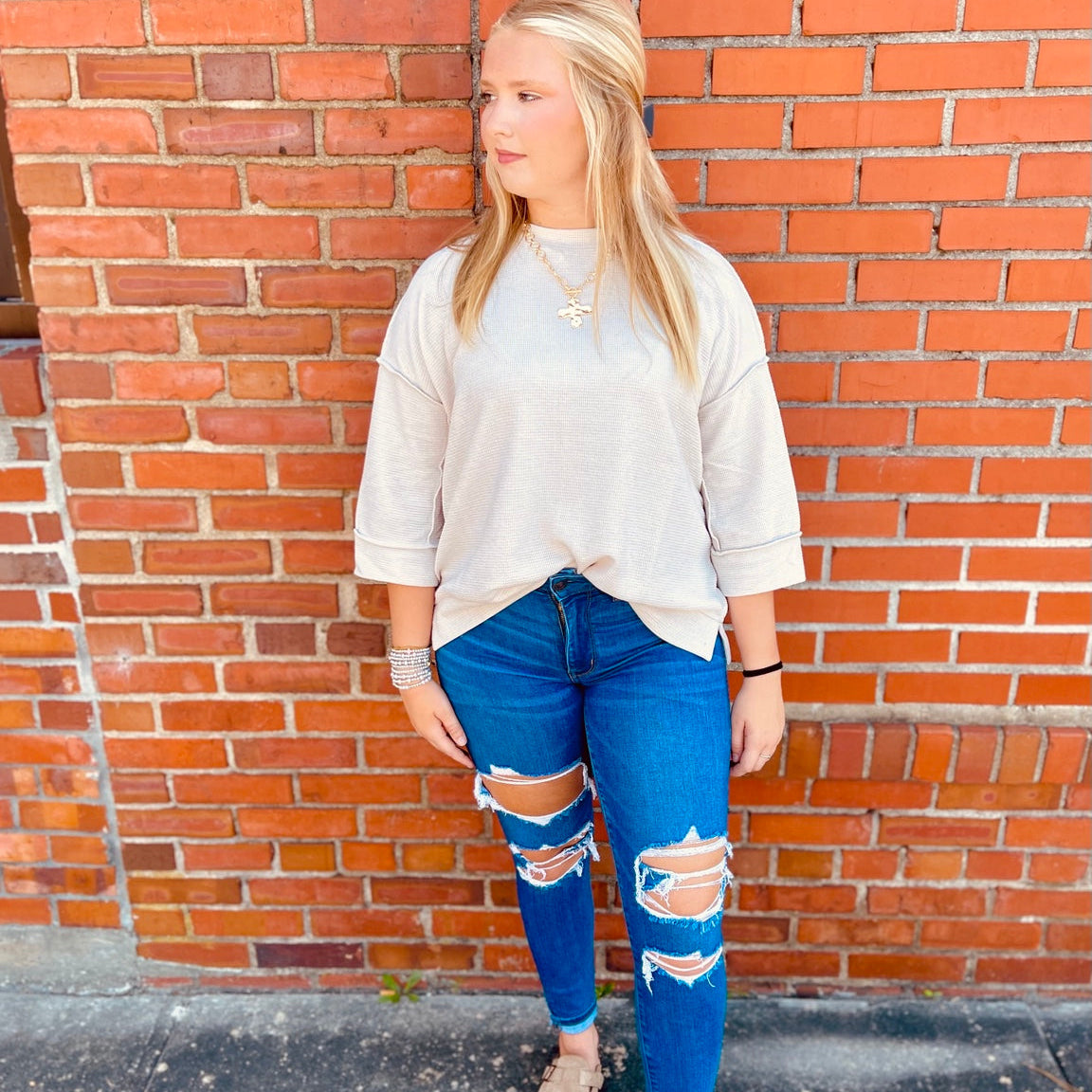 Waffle Knit 3/4 Sleeve Oversized Top | Zenana