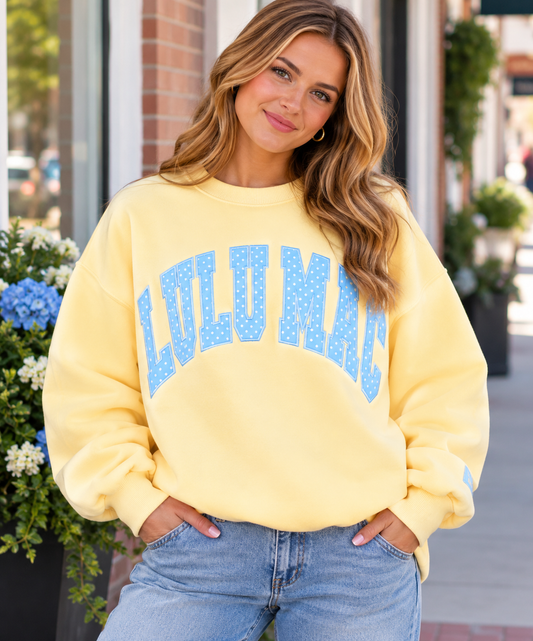 Lulu Mac Butter Yellow Sweatshirt with Blue Polka Dot Embroidered Appliqué