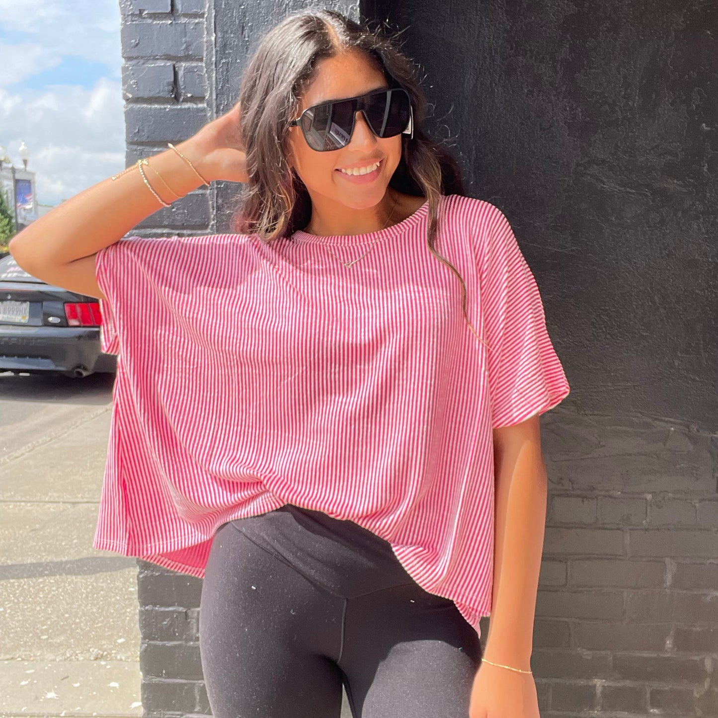 Ribbed Striped Oversized Short Sleeve Top | Zenana