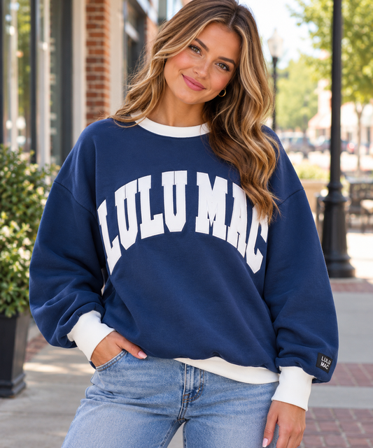Lulu Mac Navy & White Embroidered Appliqué Crewneck Sweatshirt