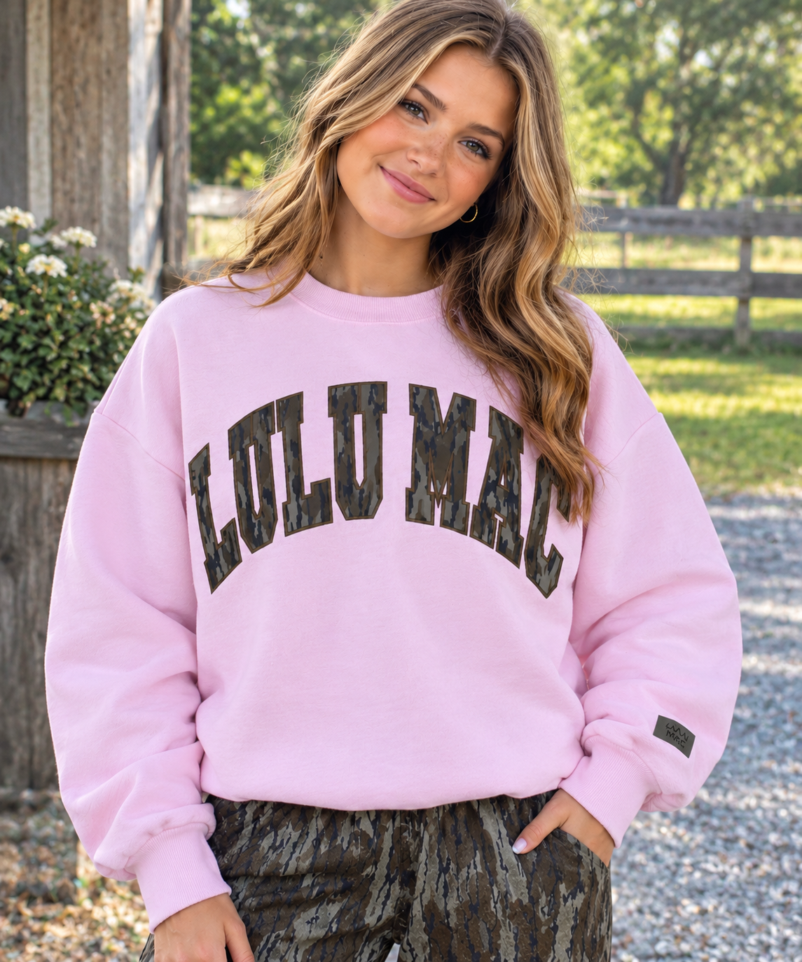 Lulu Mac Mossy Oak camo embroidered applique sweatshirt