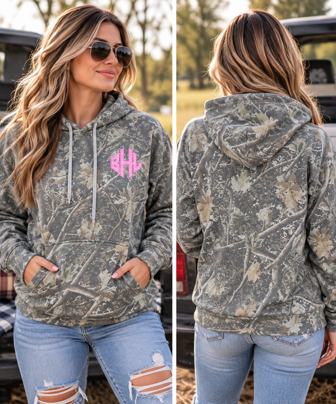 Glitter Appliqué Monogram Camo Hoodie | Personalized Embroidered Sweatshirt