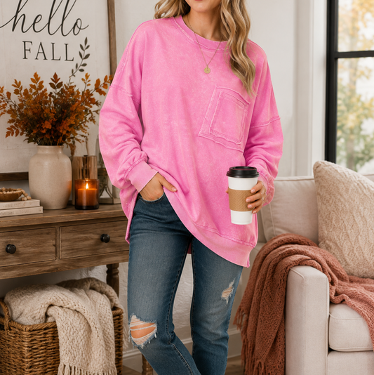 Zenana French Terry Acid Wash Raw Edge Front Pocket Pullover | Oversized Sweatshirt