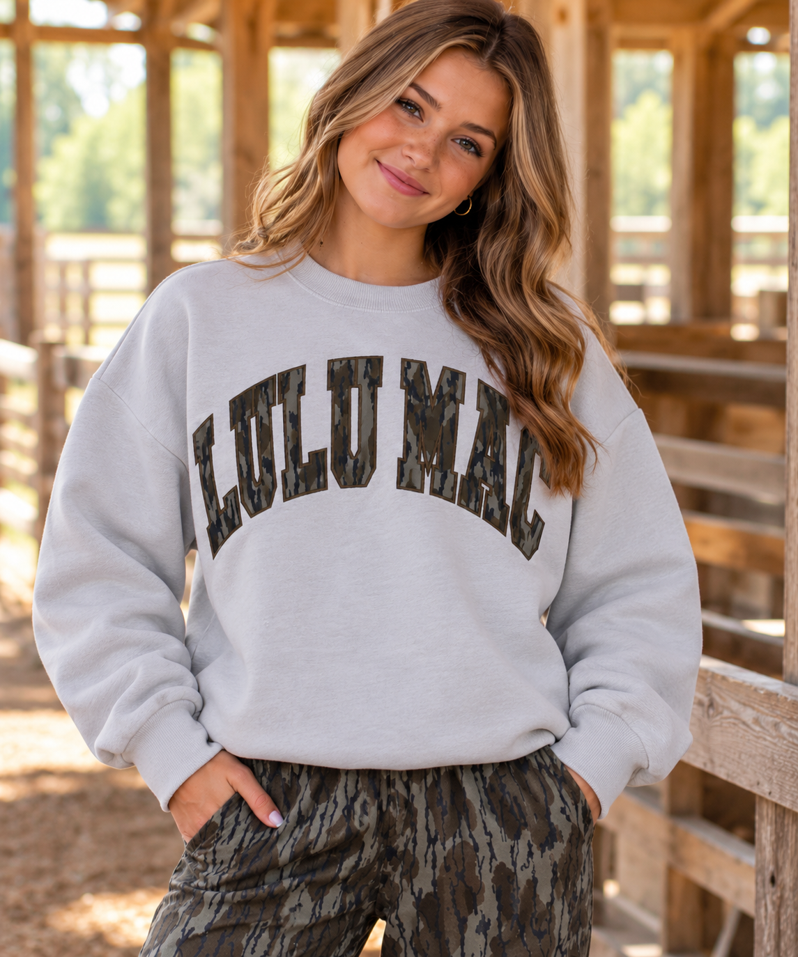 Lulu Mac Mossy Oak camo embroidered applique sweatshirt