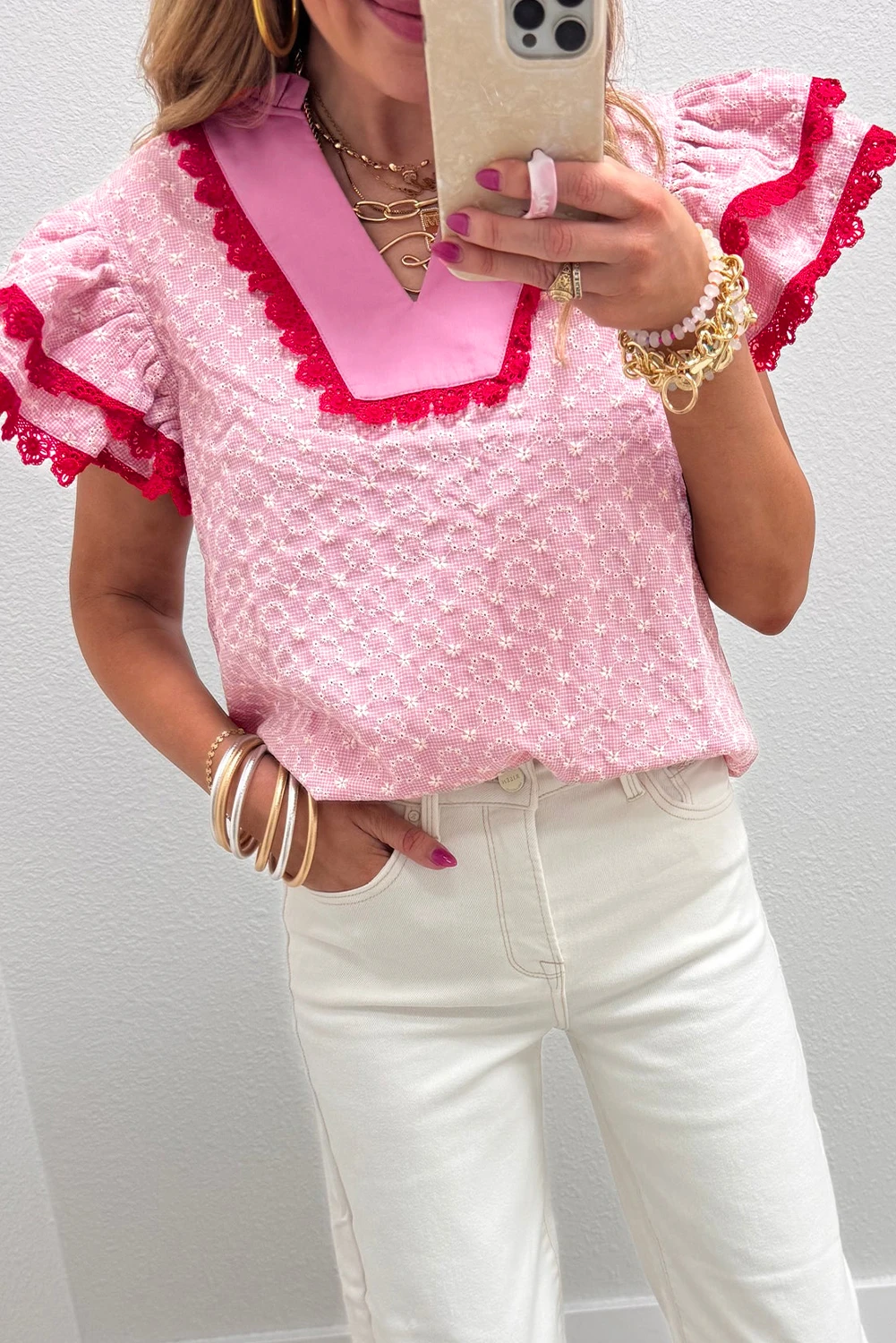 Pretty in Pink Lace Trim Statement Blouse