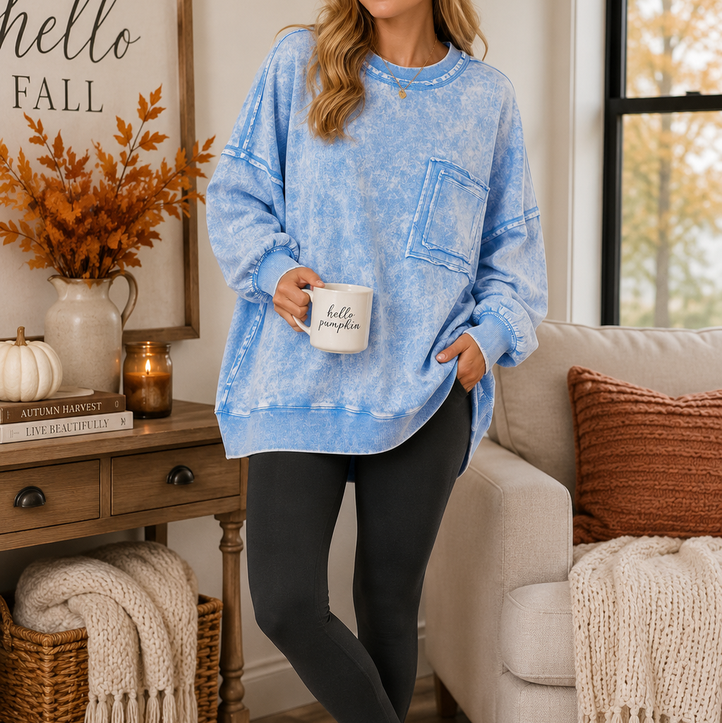 Zenana French Terry Acid Wash Raw Edge Front Pocket Pullover | Oversized Sweatshirt