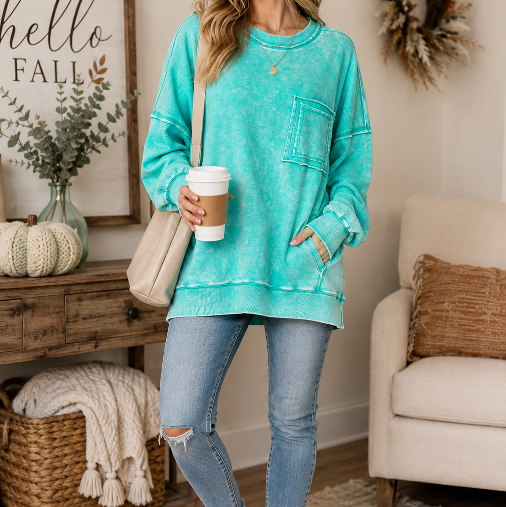 Zenana French Terry Acid Wash Raw Edge Front Pocket Pullover | Oversized Sweatshirt