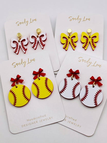 Baseball Game Day Drop with Red Bow Earrings