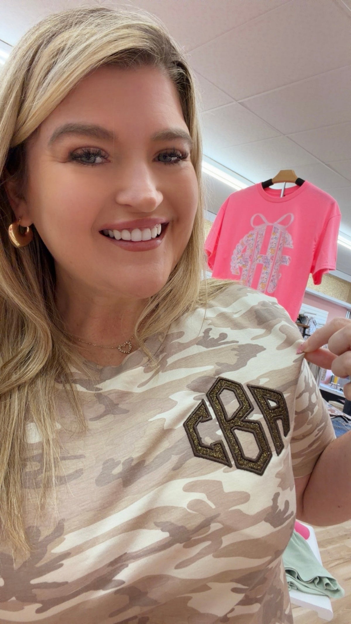 Custom Monogram Appliqué Embroidered Natural Camo Top