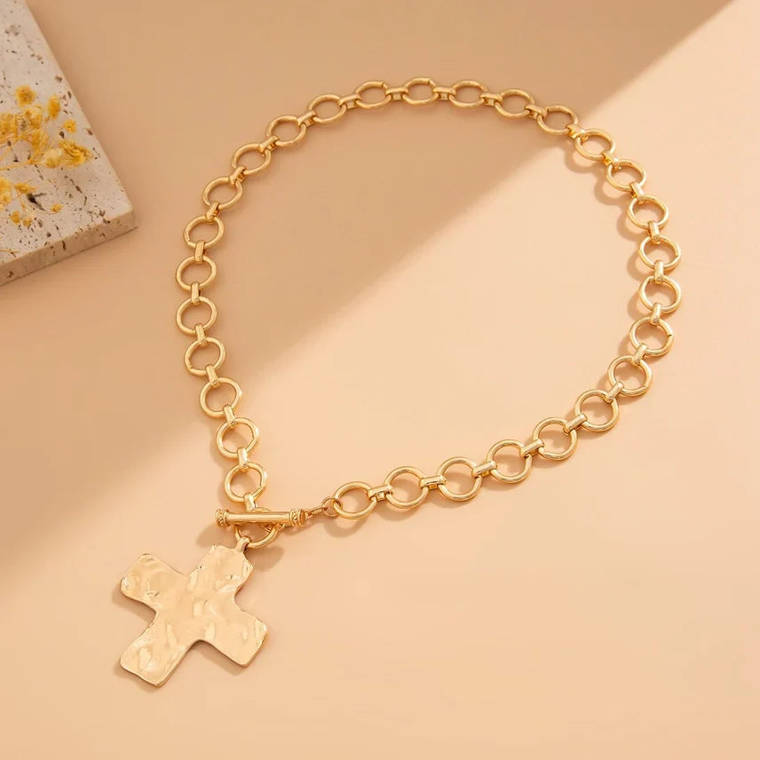 Hammered Cross Toggle Necklace - Gold & Silver