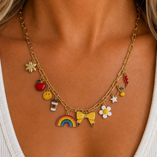 Teacher Rainbow Charm Necklace | Gold Statement Necklace for Teachers