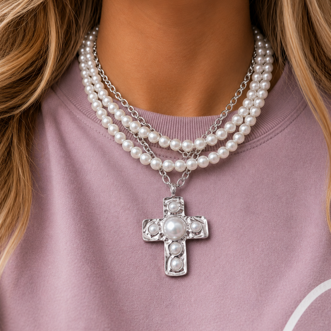 Notable Hammered Cross Multi-Wrap Pearl Necklace