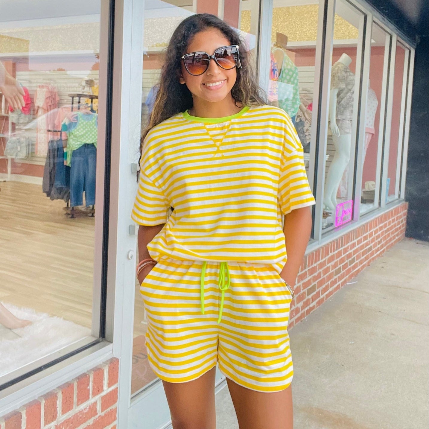 Yellow Stripe Contrast Neck Loose Tee and Drawstring Shorts Set