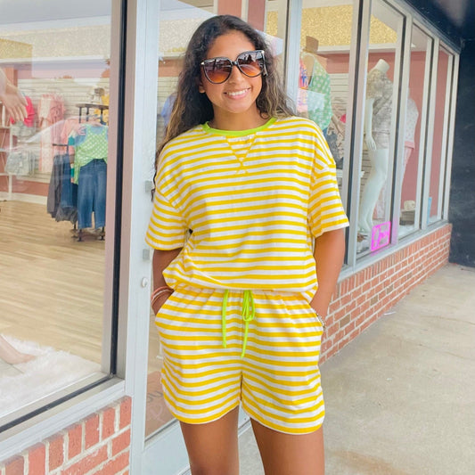 Yellow Stripe Contrast Neck Loose Tee and Drawstring Shorts Set
