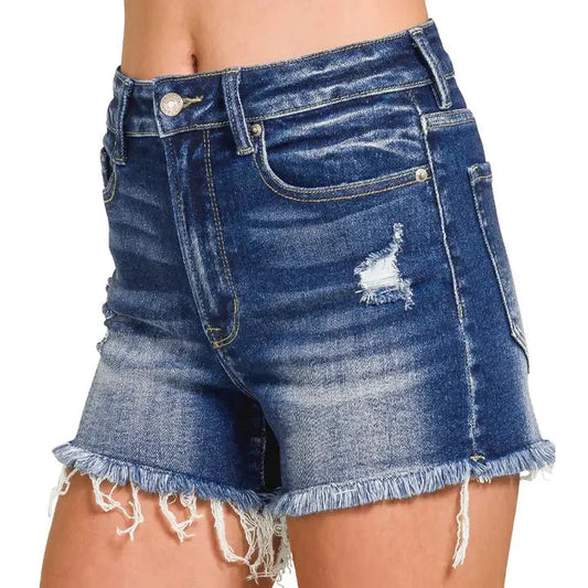 Zenana Dark Wash Raw Frayed Hem Denim Shorts