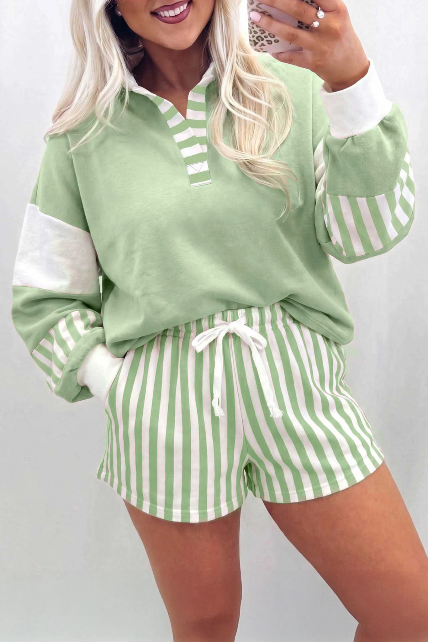 Fresh Picked Sage Striped Pullover & Shorts Set