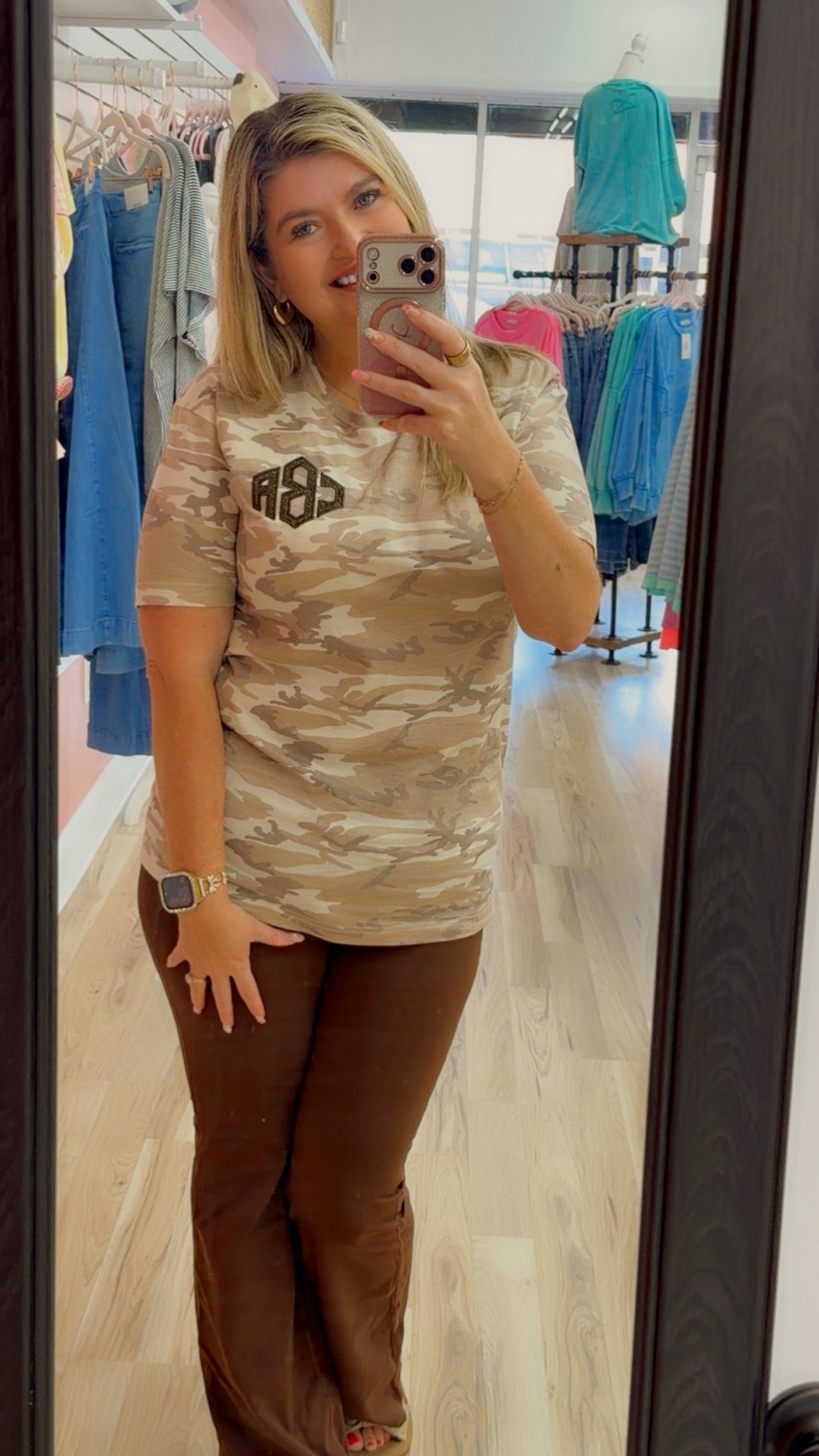 Custom Monogram Appliqué Embroidered Natural Camo Top