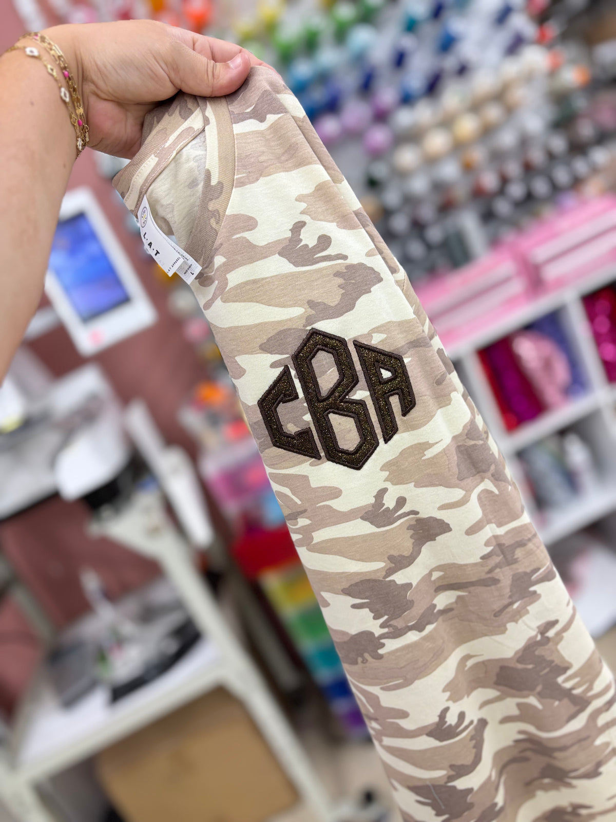 Custom Monogram Appliqué Embroidered Natural Camo Top