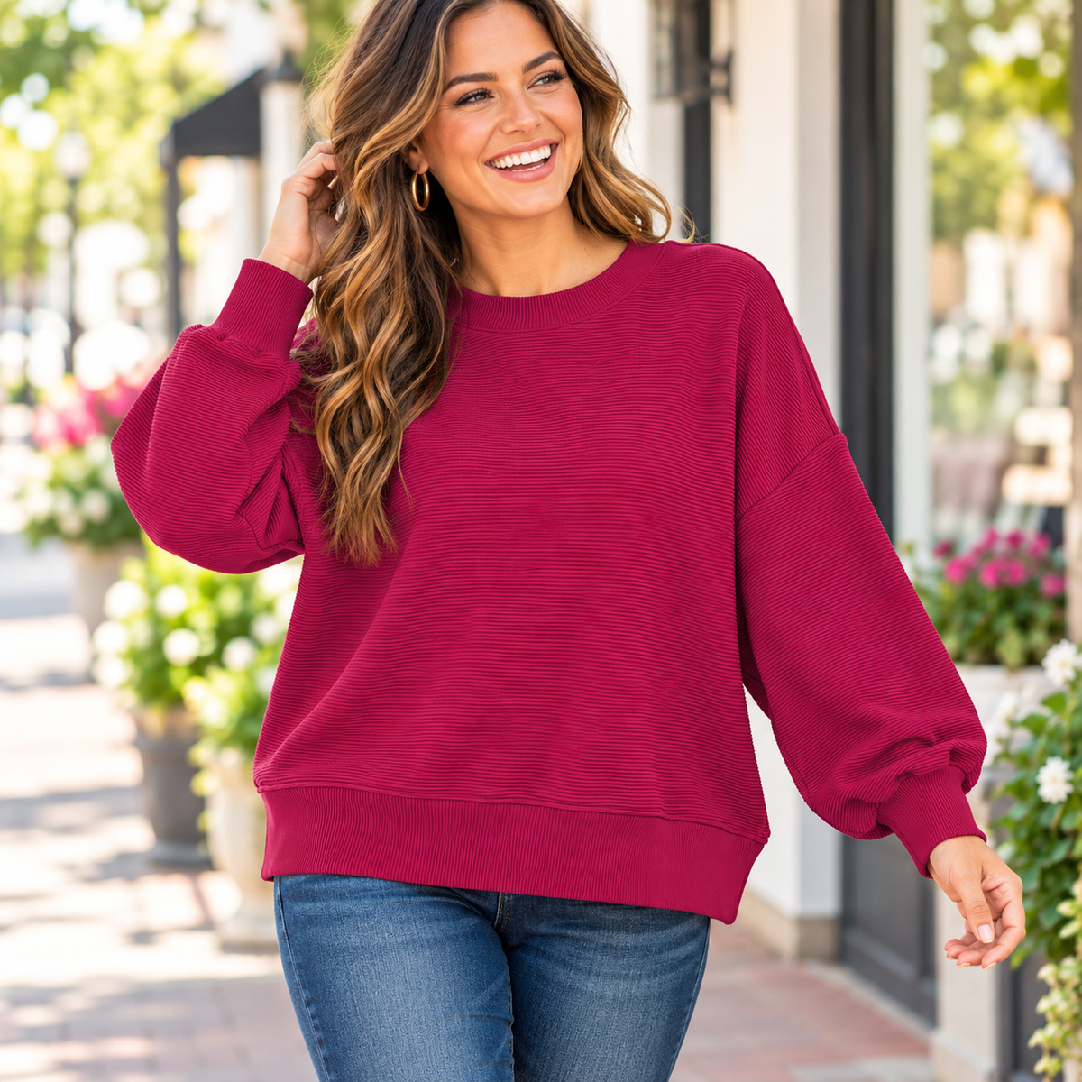 Zenana ribbed oversized balloon sleeve pullover