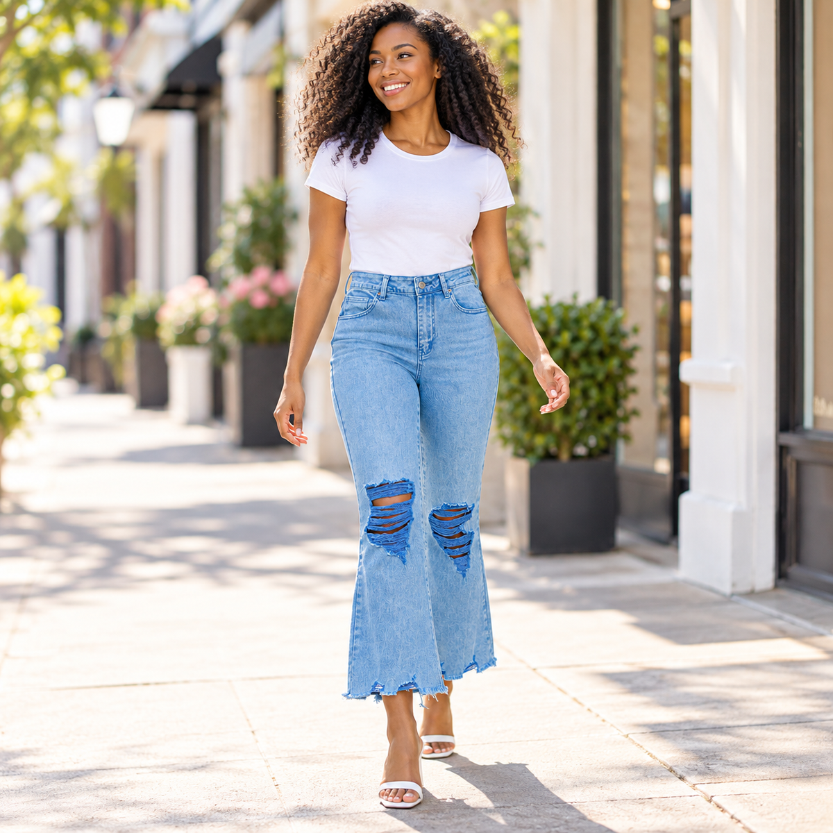 Acid Wash High Rise Distressed Straight Leg Jeans
