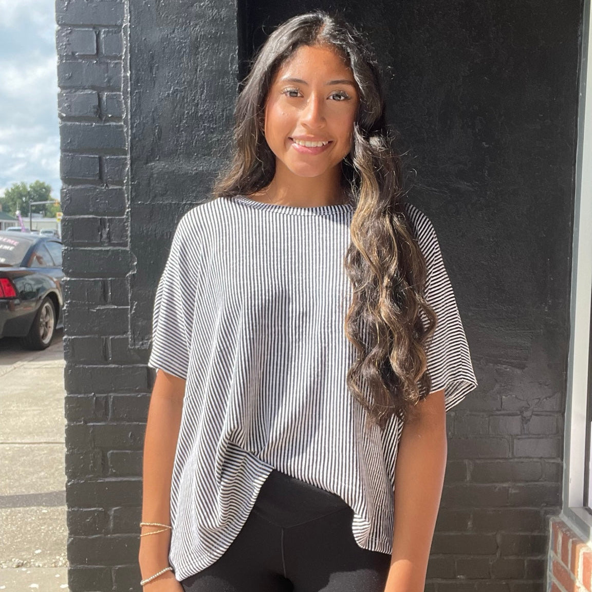 Ribbed Striped Oversized Short Sleeve Top | Zenana