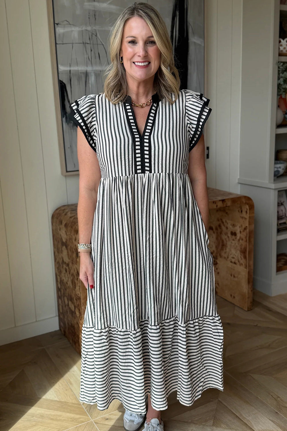 Simply Chic striped ruffle sleeve midi dress