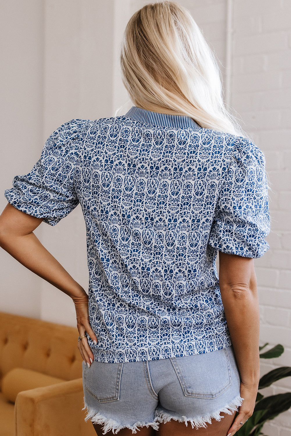 Blue Belle floral print puff sleeve blouse with ric rac trim
