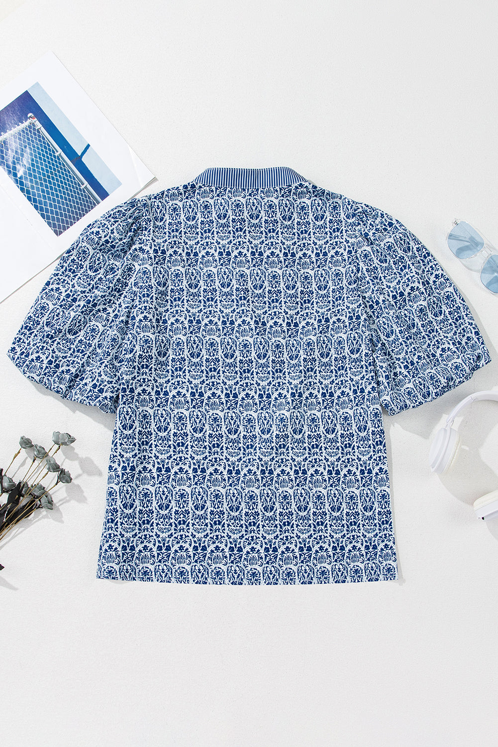 Blue Belle floral print puff sleeve blouse with ric rac trim