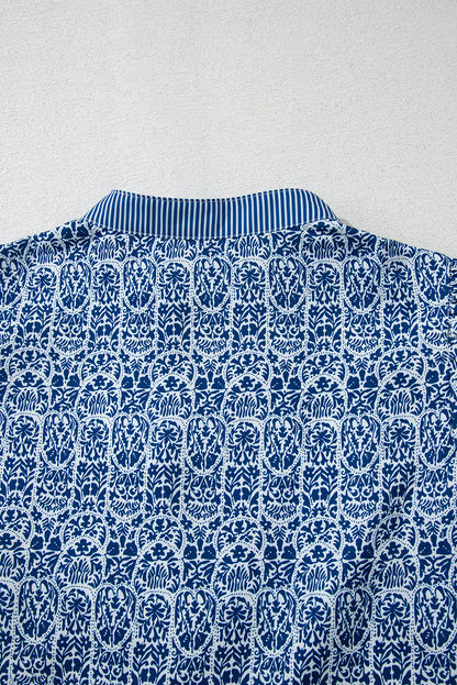 Blue Belle floral print puff sleeve blouse with ric rac trim