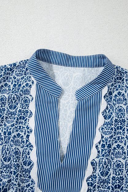 Blue Belle floral print puff sleeve blouse with ric rac trim