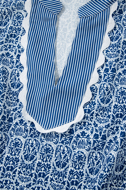 Blue Belle floral print puff sleeve blouse with ric rac trim