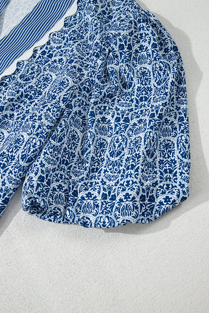 Blue Belle floral print puff sleeve blouse with ric rac trim