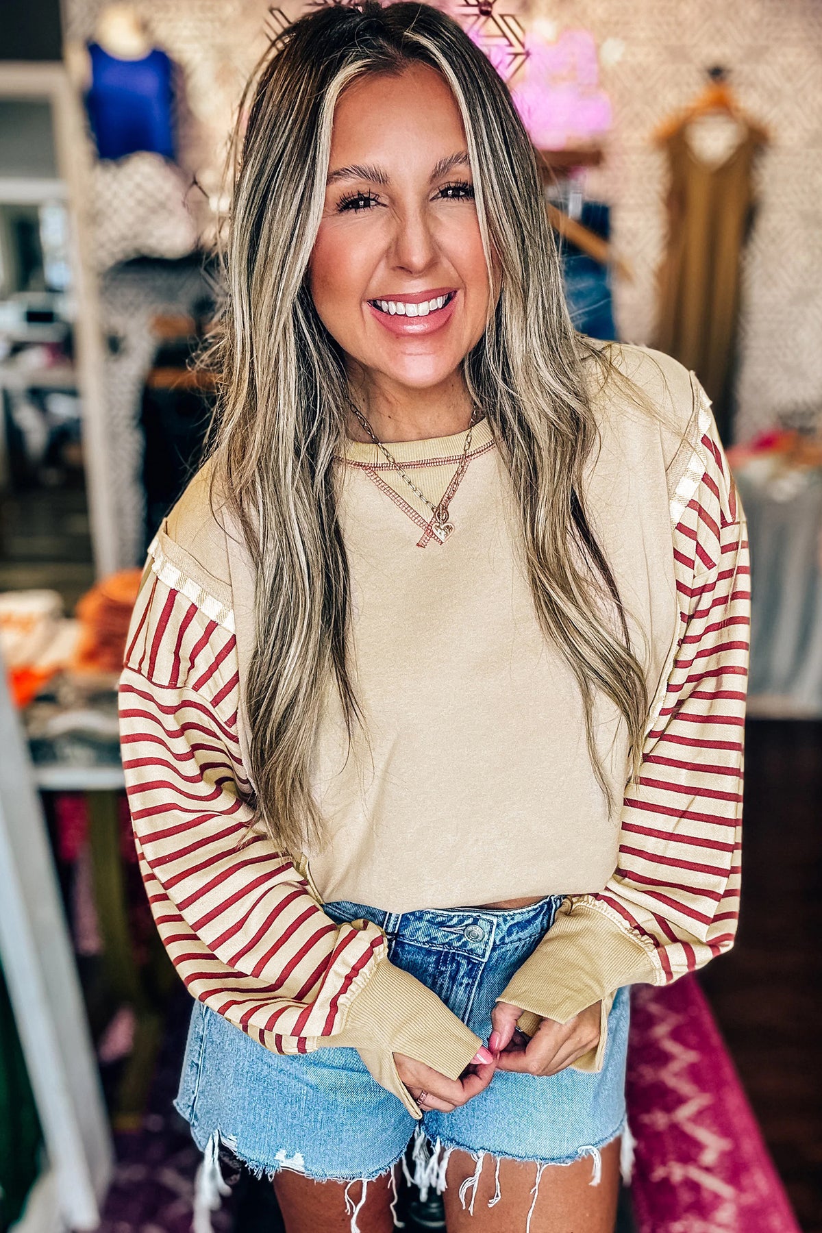 Cream and rust striped sleeve patchwork top