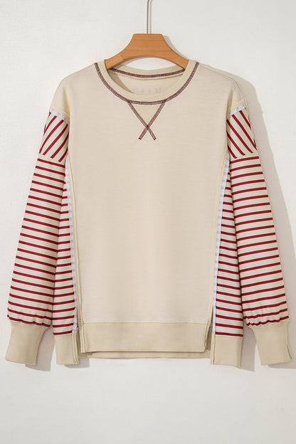 Cream and rust striped sleeve patchwork top